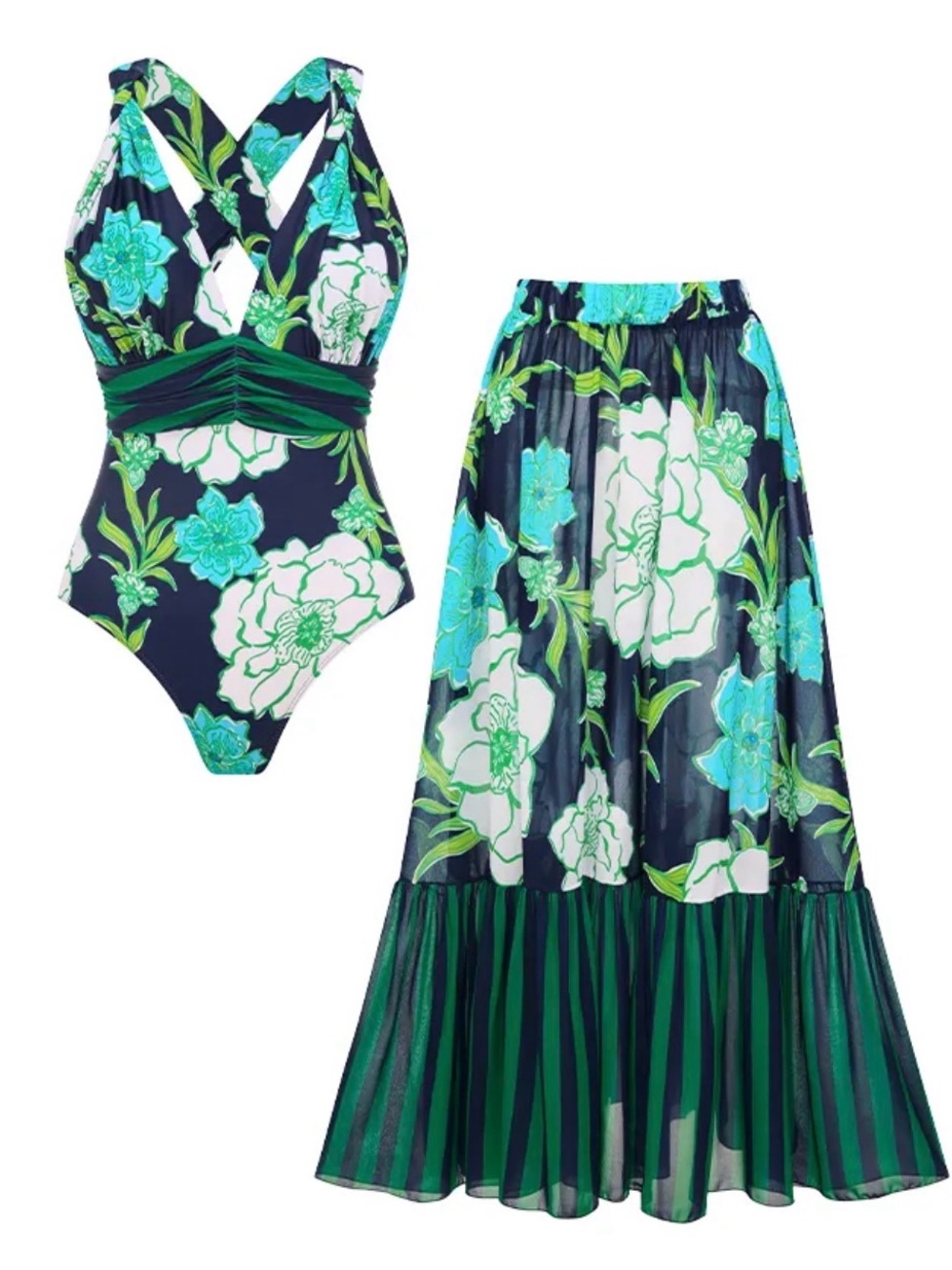 NWT Flaxmaker Swim women’s and Green Floral One-Piece Swimsuit and skirt, small.